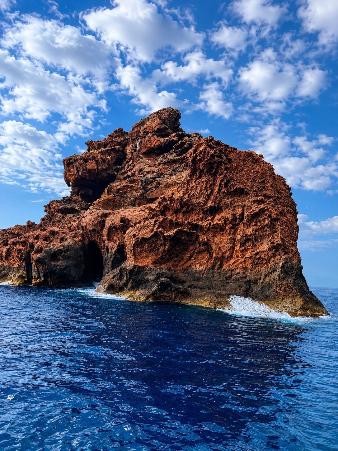 Falaises volcaniques rouges de la réserve de Scandola vues depuis la mer